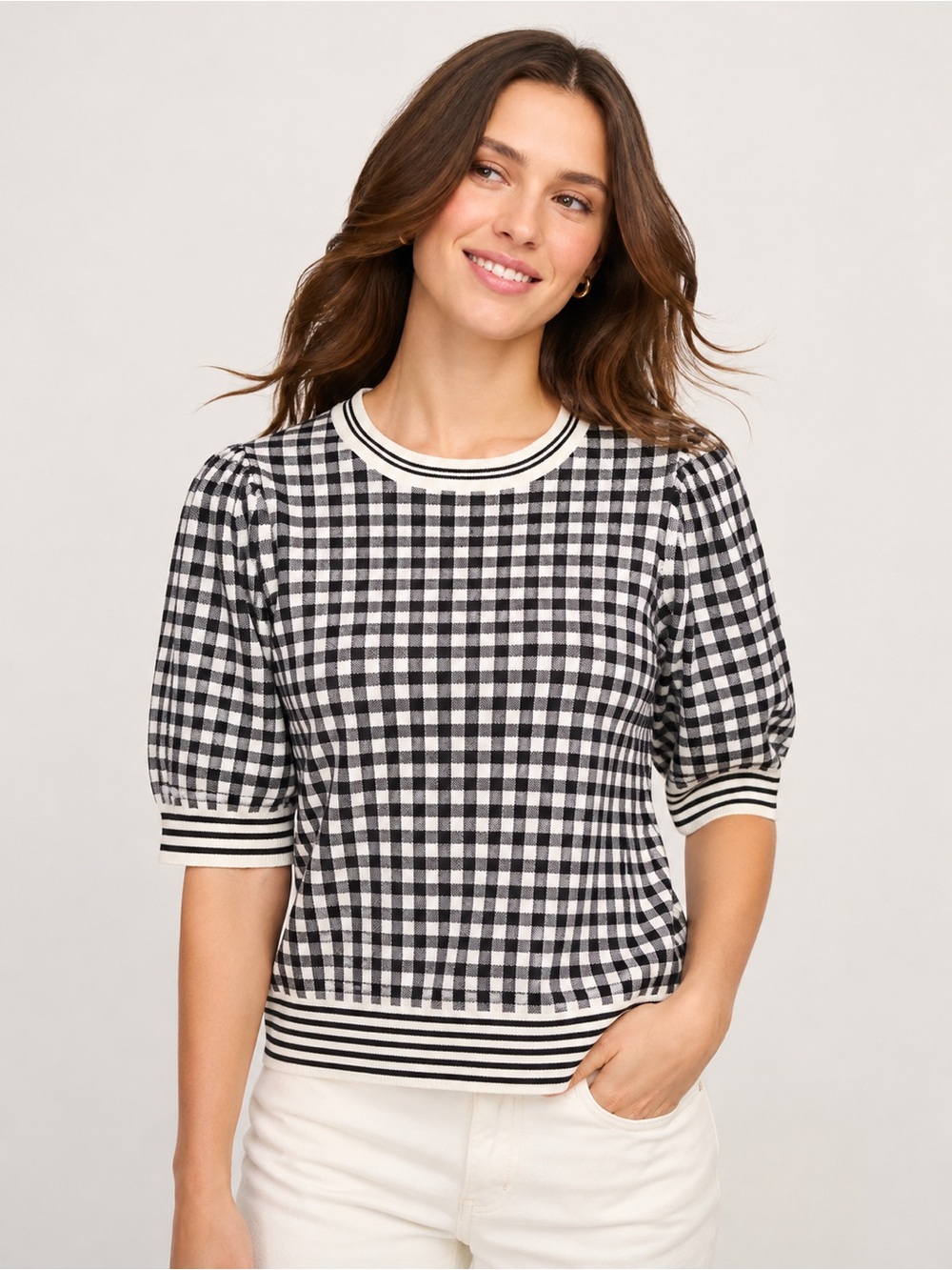 CeCe Black White Gingham Puff Sleeve Knit Top Preppy Chic Size M